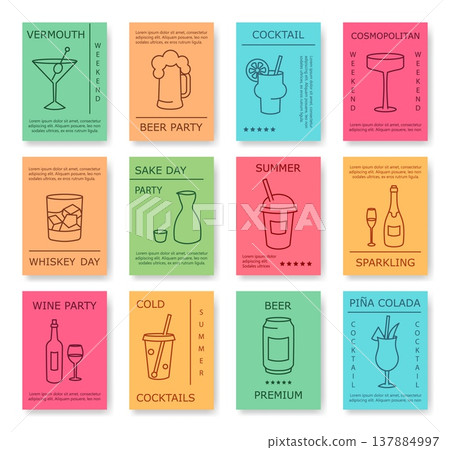 Colorful drink poster template set, cocktail beer wine flyer collection, minimal line art style, festive nightlife mood. Bar menu, restaurant advertising, party invitation. Vector illustration. 137884997
