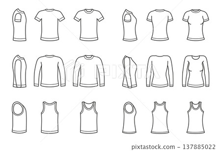 shirt template set, men women tops, tank tops, long sleeve shirts, front side views. Fashion mockup, print design, ecommerce catalog, tailoring guide. Vector illustration. 137885022