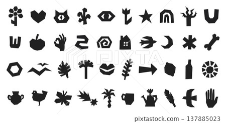Abstract linocut geometric symbols set, black primitive icons, folk cutout shapes. Logo, branding, label, poster, packaging, sticker, textile, app identity. Vector illustration. 137885023