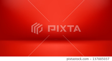 Red studio background, empty wall floor scene, smooth gradient backdrop, central copy space. Product mockup, cosmetic showcase, branding, retail banner. Vector illustration. 137885037