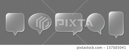 Translucent speech bubble set, frosted glass chat message shapes, transparent background. UI, messenger, app, social media, website comment interface, sticker design. Vector illustration. 137885041