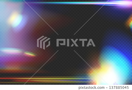 Glowing holographic light leaks, lens flares, rainbow streaks, transparent background. Cinematic overlay, poster, banner, cover, social media, web design. Vector illustration Glowing holographic light leaks, lens flares, rainbow streaks, transparent background. Cinematic overlay, poster, banner, cover, social media, web design. Vector illustration 137885045