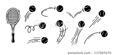 Tennis balls doodle with sport racket serve and volley bounce ballspin. Curve motion speed with trail lines trajectory and hit game racquet. Match court tennis with coaching club sport. Tennis balls doodle with sport racket serve and volley bounce ballspin. Curve motion speed with trail lines trajectory and hit game racquet. Match court tennis with coaching club sport. 137885070