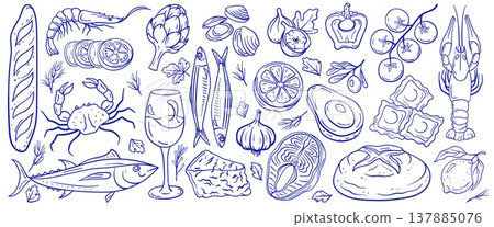 Mediterranean fish tuna and food seafood salmon with shrimp prawn crab. Doodle lobster mussel and clam oyster lemon with olive oil bread. Baguette mediterranean blue and outline food pepper. Mediterranean fish tuna and food seafood salmon with shrimp prawn crab. Doodle lobster mussel and clam oyster lemon with olive oil bread. Baguette mediterranean blue and outline food pepper. 137885076