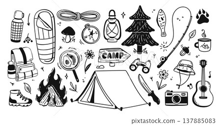Camping camp hike, doodle trekking and backpack tent outdoor. Campfire flame lantern for compass rope sleeping and bag boots hat. Camping, binoculars knife for guitar fish. Camping camp hike, doodle trekking and backpack tent outdoor. Campfire flame lantern for compass rope sleeping and bag boots hat. Camping, binoculars knife for guitar fish. 137885083