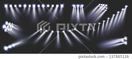 Light beams set and spotlight spotlights lighting with rays glow flares. Ray starburst glare and halo flare beam with sparkle realistic vector. Grid light transparent background and stadium. Light beams set and spotlight spotlights lighting with rays glow flares. Ray starburst glare and halo flare beam with sparkle realistic vector. Grid light transparent background and stadium. 137885126