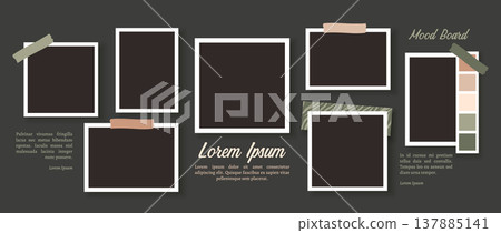 Mood board collage with polaroid frames and sticky tape for branding presentations, social media banners, and portfolio or blog template design Mood board collage with polaroid frames and sticky tape for branding presentations, social media banners, and portfolio or blog template design 137885141