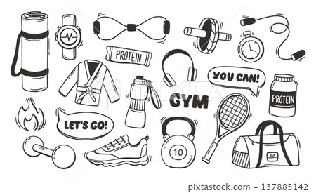 Gym equipment outline icon set with hand drawn dumbbells and workout gear for fitness app UI, healthy lifestyle posters, and energy or motivation sticker design Gym equipment outline icon set with hand drawn dumbbells and workout gear for fitness app UI, healthy lifestyle posters, and energy or motivation sticker design 137885142