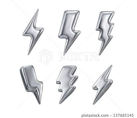 Lightning bolt set with electric sparks and metallic gradients for energy charger banners, gaming app buttons, and esports logo or sticker design Lightning bolt set with electric sparks and metallic gradients for energy charger banners, gaming app buttons, and esports logo or sticker design 137885145