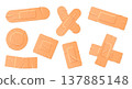 Bandage and adhesive plaster set with 3D realistic textures for first aid wound care banners, medical instruction apps, and pharmacy safety or emergency toolkit design 137885148