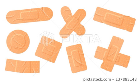 Bandage and adhesive plaster set with 3D realistic textures for first aid wound care banners, medical instruction apps, and pharmacy safety or emergency toolkit design 137885148