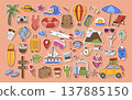 Summer travel stickers. Airplane, suitcase and palm tree for vacation, tourism cute journey concept. Hand drawn vector set of doodle beach holiday, hotel resort 137885150