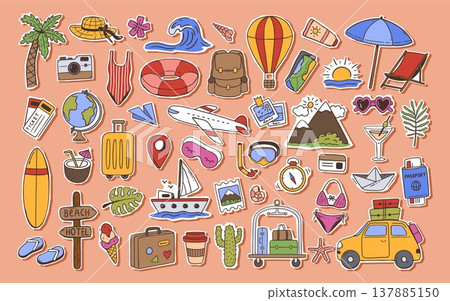 Summer travel stickers. Airplane, suitcase and palm tree for vacation, tourism cute journey concept. Hand drawn vector set of doodle beach holiday, hotel resort 137885150