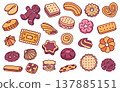 Color cookie and pastry doodle. Gingerbread man and macaron for bakery branding, kids menu or sweet snack packaging. Cute vector hand drawn set of dessert. Waffle and eclair for sticker 137885151