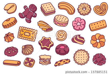 Color cookie and pastry doodle. Gingerbread man and macaron for bakery branding, kids menu or sweet snack packaging. Cute vector hand drawn set of dessert. Waffle and eclair for sticker Color cookie and pastry doodle. Gingerbread man and macaron for bakery branding, kids menu or sweet snack packaging. Cute vector hand drawn set of dessert. Waffle and eclair for sticker 137885151