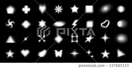 White blurry shape with fluid soft gradient on black background. Light geometric blobs, star and heart, lightning and vortex with liquid aura for Y2K futuristic graphic effect. Vector isolated set White blurry shape with fluid soft gradient on black background. Light geometric blobs, star and heart, lightning and vortex with liquid aura for Y2K futuristic graphic effect. Vector isolated set 137885153