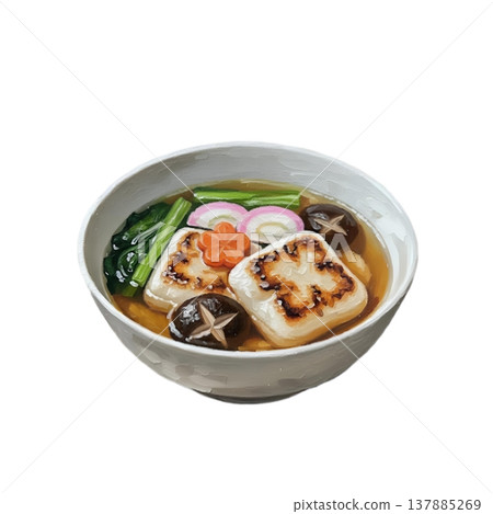 圖中所示為盛在碗裡的日本新年湯（ozoni）。 137885269