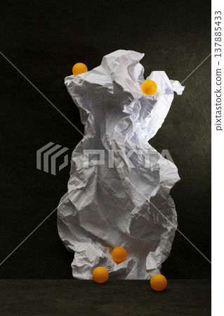 Still life with crumpled paper and orange balloons 137885433