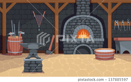 Blacksmith shop interior. Smithy workshop, furnace with fire, stone walls, anvil, smelter, tools, traditional working with metals, medieval room interior, tidy vector cartoon flat concept 137885597