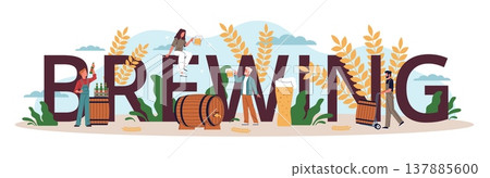 Brewing beer. Large word and tiny people hold mugs with drink, craft beer production, wooden barrels, bottling, ingredients and fermentation process nowaday vector cartoon isolated concept Brewing beer. Large word and tiny people hold mugs with drink, craft beer production, wooden barrels, bottling, ingredients and fermentation process nowaday vector cartoon isolated concept 137885600