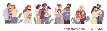 Children hug parents. Happy families relationship, embrace with moms and dads, toddlers togetherness, funny teenagers, caring and love, smiling kids, garish vector cartoon isolated set Children hug parents. Happy families relationship, embrace with moms and dads, toddlers togetherness, funny teenagers, caring and love, smiling kids, garish vector cartoon isolated set 137885605