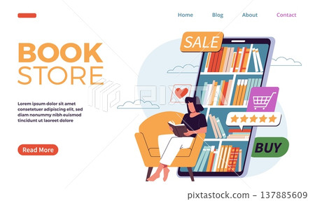 Choosing book online. Virtual bookstore, girl choices and reads literature, e commerce retail, remote library in smartphone, web banner design, nowaday vector cartoon isolated concept Choosing book online. Virtual bookstore, girl choices and reads literature, e commerce retail, remote library in smartphone, web banner design, nowaday vector cartoon isolated concept 137885609