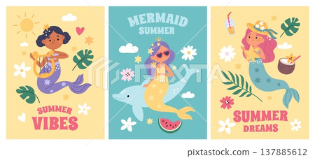 Cute mermaids cards. Summer vibes banner, little funny girls with long hair and fish tails, mythical sea princesses, playful seasonal fantasy posters, garish vector cartoon isolated set Cute mermaids cards. Summer vibes banner, little funny girls with long hair and fish tails, mythical sea princesses, playful seasonal fantasy posters, garish vector cartoon isolated set 137885612