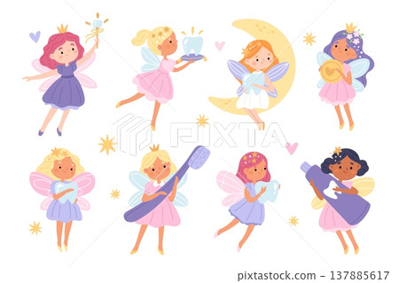 Funny tooth fairies. Fabulous creatures hold baby teeth, coin, paste and brush, little girls with wings and dresses, dental care and oral hygiene mascot garish vector cartoon isolated set Funny tooth fairies. Fabulous creatures hold baby teeth, coin, paste and brush, little girls with wings and dresses, dental care and oral hygiene mascot garish vector cartoon isolated set 137885617