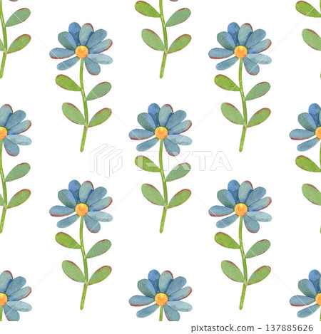 Hand-painted watercolor pattern with delicate flat blue flowers isolated on white background. Minimal, versatile design ideal for textiles, stationery, branding, packaging, printing, digital use 137885626