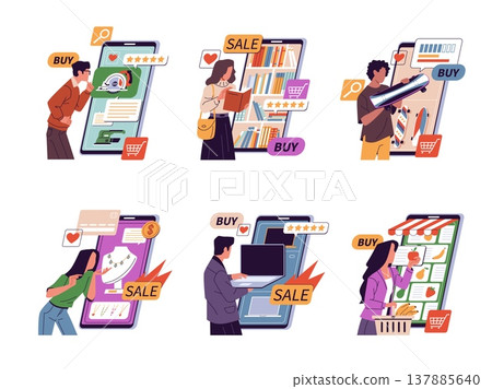 Online shopping phone people. Different product categories, choice and searching for right good, mobile e commerce sale purchasing, smartphones screen nowaday vector cartoon isolated set 137885640