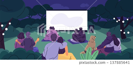 Outdoor cinema. People sitting on grass wrapped in blankets, watching romantic movie, couples in love, leisure time evening park, entertainment outdoors garish vector cartoon flat concept 137885641