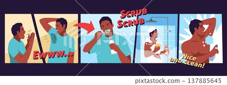 Personal hygiene. Bad smell removal comics, man takes care of his body and teeth, guy takes shower, uses deodorant, young boy daily cleanliness habits, tidy vector cartoon isolated concept 137885645