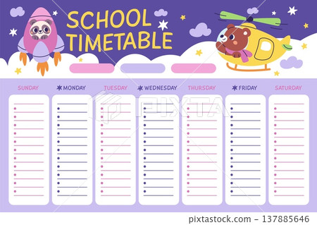 School schedule with flying animals. Cartoon panda, bear in toy rocket and helicopter, funny characters, kids planner, space for lessons and notes garish vector cartoon isolated concept School schedule with flying animals. Cartoon panda, bear in toy rocket and helicopter, funny characters, kids planner, space for lessons and notes garish vector cartoon isolated concept 137885646