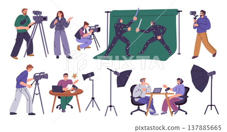 Video production people. Team create films and shows, reporters at work, recording podcasts, interviews, battle scene on green backdrop, professional creation garish vector isolated set 137885665