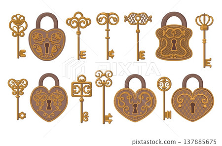 Vintage antique locks. Classic keys and padlocks, intricate ornaments, decorative elements, old style, different shapes, security, access and privacy symbol splendid vector isolated set 137885675