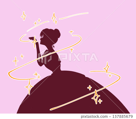 一位身著長裙的女子，一位公主，伸出手，充滿魔力，身影若隱若現。 137885679