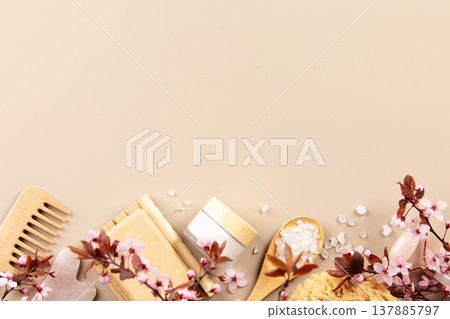 Natural Skincare and Spa Items with Cherry Blossoms Copy Space Natural Skincare and Spa Items with Cherry Blossoms Copy Space 137885797