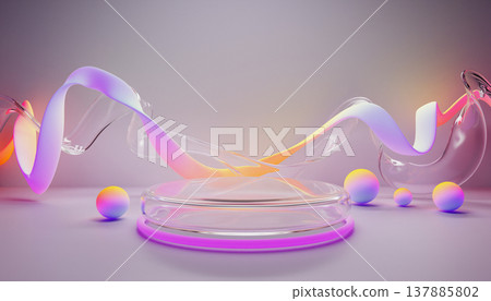 3D transparent podium with flowing liquid glass ribbons, neon light holographic wave lines, color gradient spheres on background. Clear stage, circular platform for product display. 3D illustration 3D transparent podium with flowing liquid glass ribbons, neon light holographic wave lines, color gradient spheres on background. Clear stage, circular platform for product display. 3D illustration 137885802