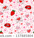 Seamless pattern with hearts lips strawberries envelopes on light background Valentine love theme design 137885804