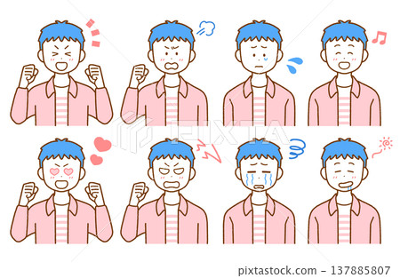 8-piece illustration set of young men expressing joy, anger, sadness, and happiness | Simple, easy-to-use colors 8-piece illustration set of young men expressing joy, anger, sadness, and happiness | Simple, easy-to-use colors 137885807