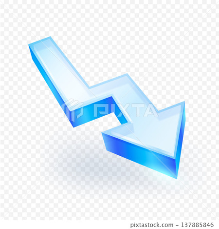 3D glossy blue glass arrow pointing down and to the right on a transparent background. Symbolizing decline, decrease, or downward trend. Perfect for use in financial presentations, statistics. 137885846