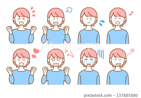 一組8張年輕女性臉部表情插圖 | 簡單易用的配色 一組8張年輕女性臉部表情插圖 | 簡單易用的配色 137885880