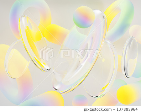 Liquid glass transparent circle discs with soft blur gradient shapes on light pastel 3d background. Abstract bg with crystal clear plates, colorful blurry rounded lines, balls, rings. 3D illustration 137885964