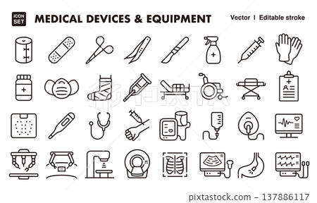 Icon set of medical devices and instruments (thin lines, vector format) for medical and clinic use. 137886117