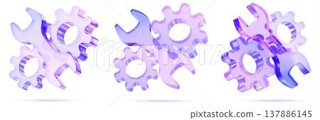 Holographic glass screw wrench with gears 3d render icon set. Settings, repair, maintenance, car service, mechanic logo. Purple blue crystal spanner tool with cog wheels for UI design. 3D illustration Holographic glass screw wrench with gears 3d render icon set. Settings, repair, maintenance, car service, mechanic logo. Purple blue crystal spanner tool with cog wheels for UI design. 3D illustration 137886145