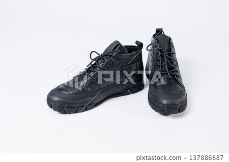 Men's leather short boots on a white background. Winter boots collection 2022 137886887