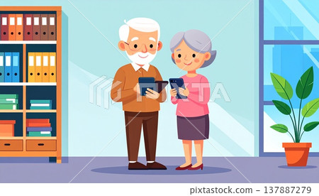 Senior couple happily using smartphones together in their living room: Lifestyle and digital utilization 137887279