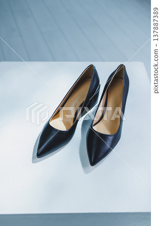 Women's leather shoes with a massive heel. Black autumn shoes for women on a white background. 137887389