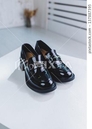 Women's leather shoes with a massive heel. Black autumn shoes for women on a white background. Women's leather shoes with a massive heel. Black autumn shoes for women on a white background. 137887395