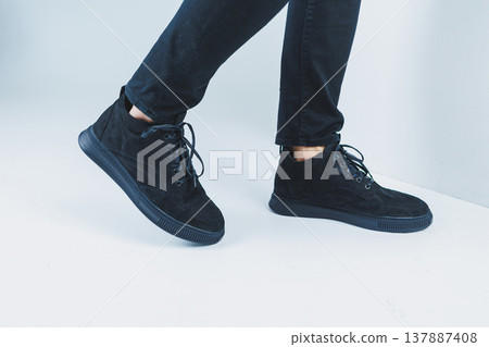 Men's casual shoes in black color made of genuine leather, men on shoes in black lace shoes. High quality photo Men's casual shoes in black color made of genuine leather, men on shoes in black lace shoes. High quality photo 137887408